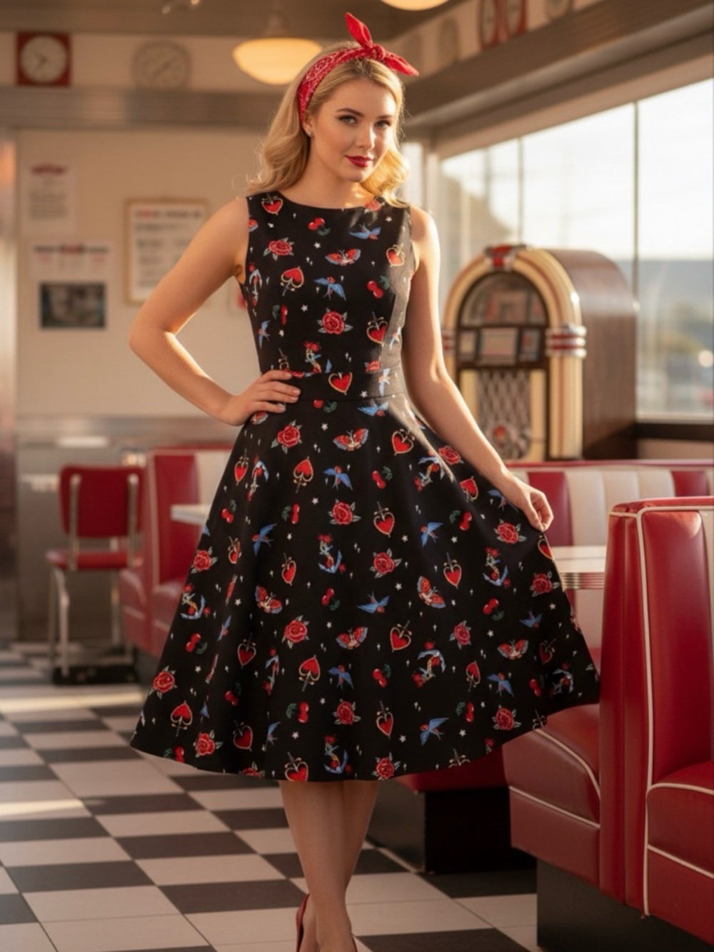 NEW Tattoo flash rockabilly pocketed A-line dress